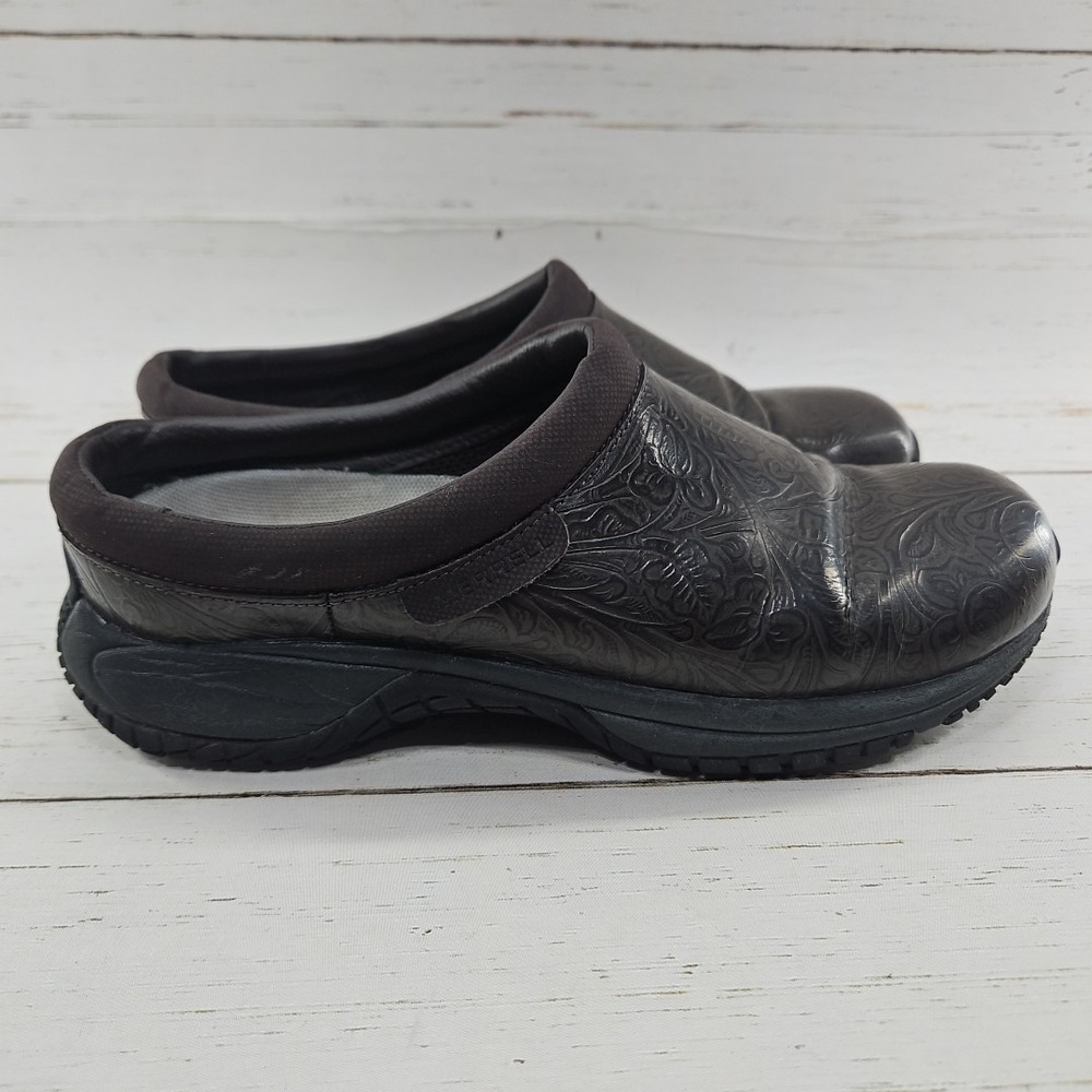 Merrell Encore Groove Floral Womens 9.5 Brown Clog Leather Slip On Mule Nurse - Picture 6 of 11